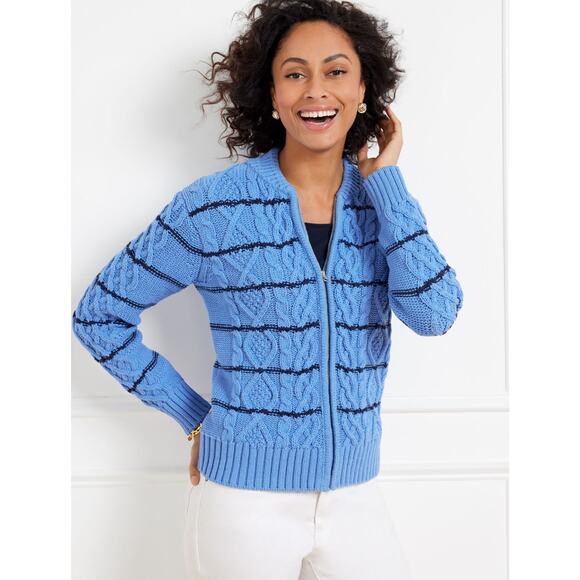 NWT Talbots Stripe Cable Knit Zip Cardigan Sweater Jacket Blue Black S - Picture 1 of 14